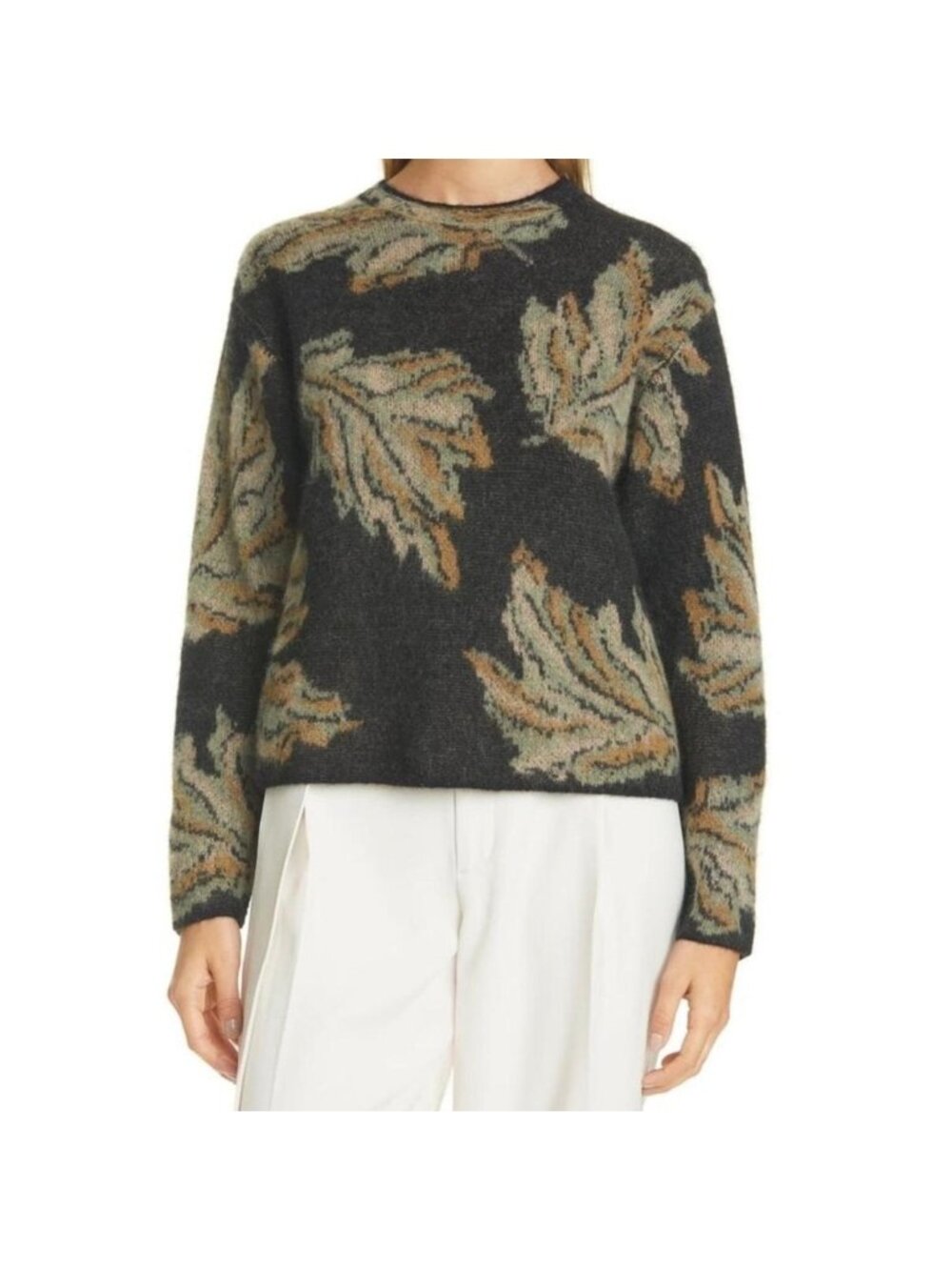 Vince Leaf Jacquard Pullover Alpaca Mohair Wool Blend Sweater M